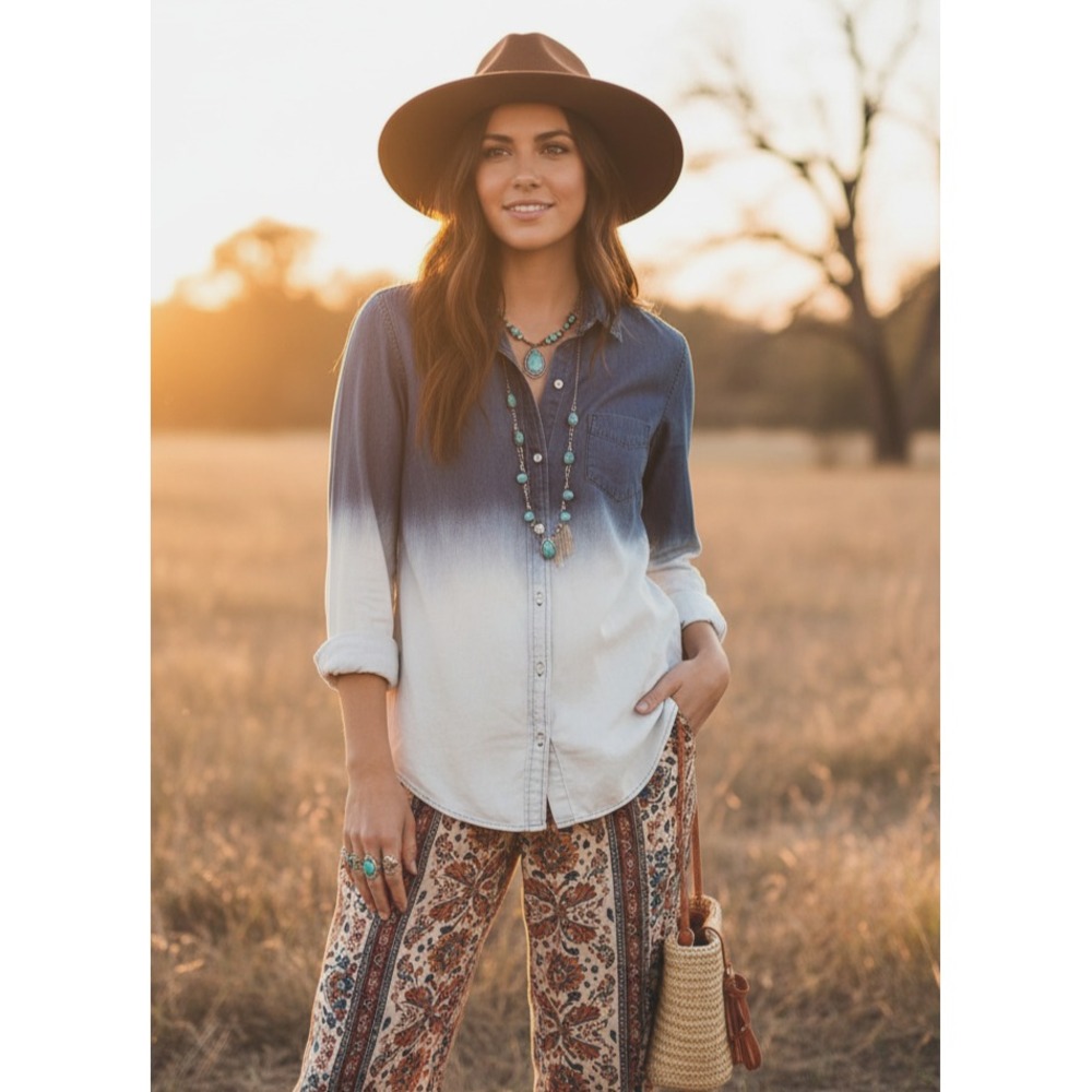 Old Navy M Top Blue Chambray Button Dip Dye Ombre Boho Coastal Western Retro Mod